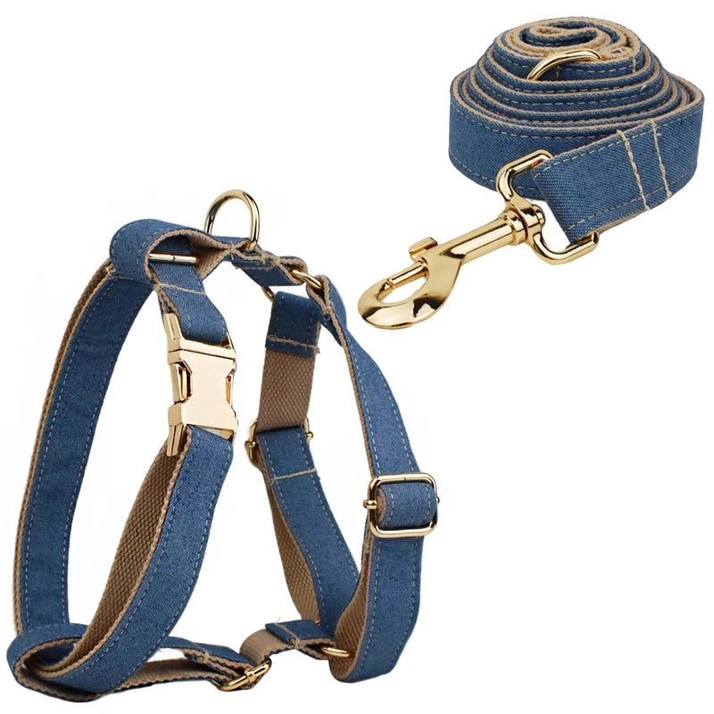 Dog Collar Harness Leash Denim Personalized Name Dog Necklace Free Customized Collars for Small Medium Dogs Harness Lead Bow tie